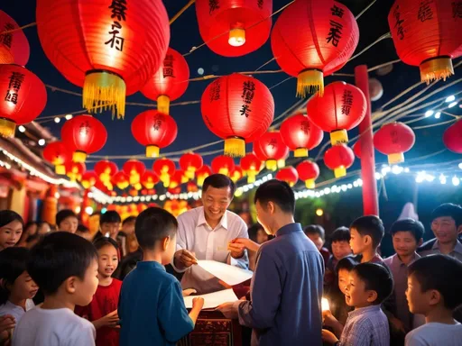 Prompt: A lively scene of father and son playing 'chai deng mi' (lantern riddle solving) during a vibrant festival. The event is set outdoors at night, with colorful lanterns hanging all around, each bearing a riddle written on a slip of paper. A group of children, diverse in appearance, are eagerly reading a riddle on a red lantern, while nearby, adults smile and encourage them, some holding lanterns of their own. Traditional decorations like paper cuttings and banners add to the festive atmosphere. The night is illuminated by the warm glow of lanterns, and the full moon shines brightly in the sky, enhancing the joyous and cultural ambiance