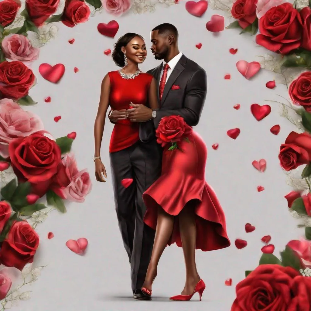 Prompt: transparent background, hyperrealistic, Valentine's Day,  african american., Romantic Couples, walking on Valentine's Day, she is wearing a red dress and shoes, flawless makeup, updo, diamond jewelry, he is wearing a tailored suit, he is carrying her gifts and flowers 