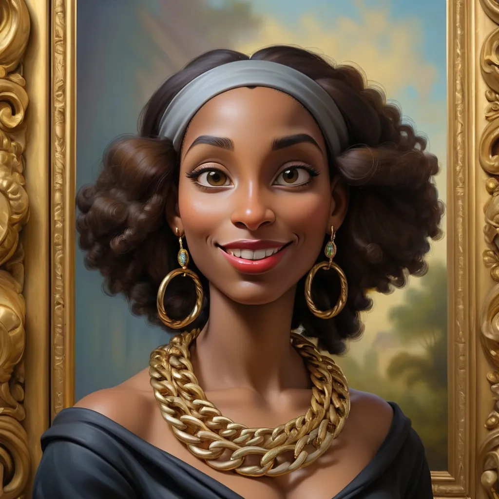 Prompt: a unique painting in an art gallery comes to life, with the subject—African American Mona Lisa with an enigmatic smile, big hoop earrings, Cuban link chain with a "M" charm and rich attire, leaning out of her ornate frame, capturing the awe of the onlookers. Her head is outside the frame. The surprised visitors marvel at the surreal sight, as the woman appears to be crossing the threshold from her painted world into theirs. Photorealistic. Sideview, motion, dynamic, HDR