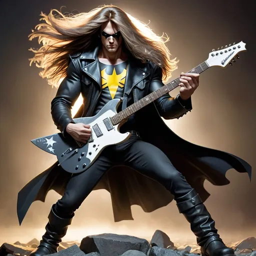 Prompt: super hero. guitar power man,long hair, black jaket,boots and heavy metal style