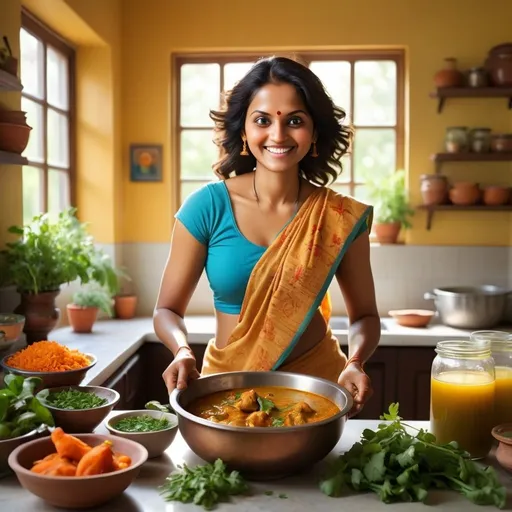 Prompt: Title: “Health & Happiness”

Scene:

Sun-drenched kitchen counter with vibrant South Indian tiles.
Fresh herbs scattered around.
Warm, natural light through a window.
Main Elements:

Close-up: Beaming person holding Chettinad Chicken Curry.
Smaller photos:
Determined person lifting weights or jogging (“Before”).
Steaming bowl of country chicken broth with veggies (“Wellness”).
Text:

Top center: “Health & Happiness: A Delicious Journey.”
Optionally, bottom left: “Starting Strong.”
Top right: “Fueling Wellness.”
Branding:

SnapIt logo discreetly placed near the bottom right corner.
Style:

Bright, inviting, and full of life.
