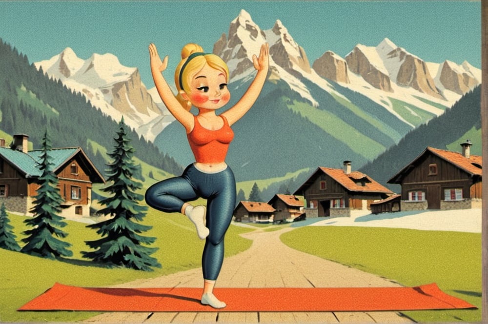 Prompt: Vintage Gstaad poster featuring a blond girl practicing yoga,no faces, mountain landscape, retro style, vintage colors, serene atmosphere, high quality, vintage poster, yoga, mountain landscape, retro style, vintage colors, serene atmosphere, detailed, professional