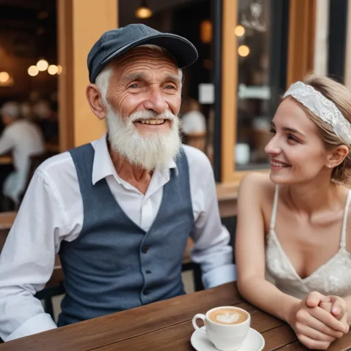 Prompt: image of old man looking like young with cap on a head. looking good in small beard.  sitting on front from cafe and take  abide from a cup with his girlfriend sitting with him and looking to him with loving mood and sit there in a wedding drees.

  