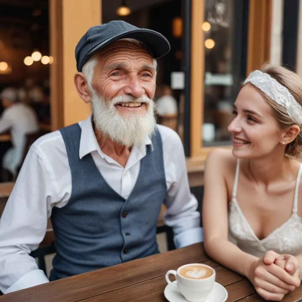 Prompt: image of old man looking like young with cap on a head. looking good in small beard.  sitting on front from cafe and take  abide from a cup with his girlfriend sitting with him and looking to him with loving mood and sit there in a wedding drees.

  