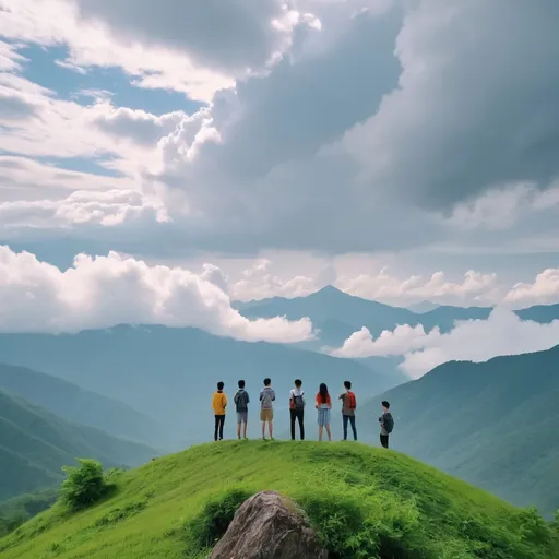 Prompt: create a beautiful mountain view with young person standing there and the view was so beautiful and scenic view with greenery and clouds on a mountain. with cloudy sky. and with a group of friend standing there.

  