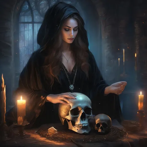 Prompt: Young beautiful witch in black robe, fortune telling from a skull, mystical and dark, high-quality, digital painting, detailed robe and facial features, eerie and mysterious, elegant and enchanting, magical glow, atmospheric lighting, witchcraft, fantasy, detailed eyes, professional, dark color tones, mystical lighting