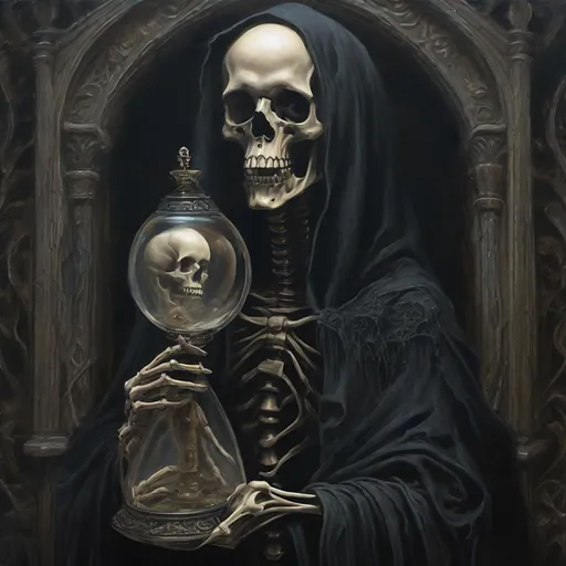Prompt: Death holding an hourglass, surreal painting, eerie atmosphere, detailed skeletal features, haunting gaze, dark and foreboding, high contrast, oil painting, intricate details, gothic, macabre, haunting, surreal, dark tones, intricate details, eerie lighting