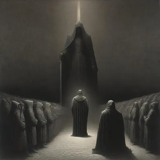 Prompt: executioner holding a sword, standing in front of people, the people are kneeling before him, by zdzislaw beksinski, dark, grim