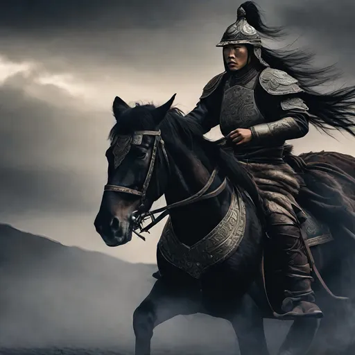 Prompt: Mongolian warrior riding horse in dark, grim atmosphere, detailed armor, intense gaze, high quality, dark and gritty, historical, detailed horse, ominous lighting
