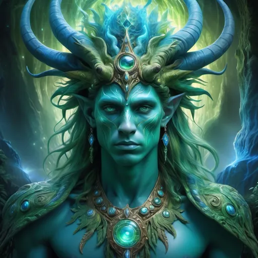 Prompt: Portrait of a mythological creature, blending human features with fantastical elements, vibrant colors, supernatural aura, ethereal glow, intricate textures, a magical landscape background, deep mystical blues and greens, reflective highlights, otherworldly expressions, captivating and enchanting atmosphere, ultra-detailed, HD craftsmanship, impressive artistry.