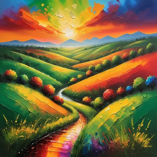 Prompt: Vibrant landscape painting, created using finger painting techniques, rich hues blend seamlessly, showcasing texture and detail, a breathtaking sunset casts warm golden shades across the sky, lush green hills roll into the distance, brilliant colors dancing together, engaging and immersive composition, whimsical ambiance, high depth, ultra-detailed, water droplets glisten from wet paint, larger-than-life artistic expression.