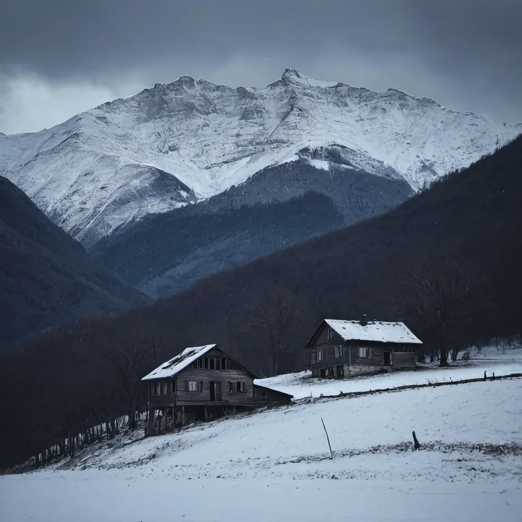 Prompt: dark snowy mountains with an old house on the side of the mountain