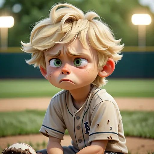 Prompt: Sad little blonde boy on baseball field, high quality, illustrated, emotional, natural lighting, detailed hair, distressed expression, green grass, outdoor setting, authentic emotion, heartbreaking scene