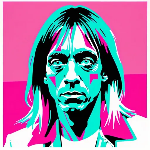 Prompt: Risograph punk Iggy Pop in cyan,magenta and white, hand drawn texture, simple,minimalist shapes flat colors.