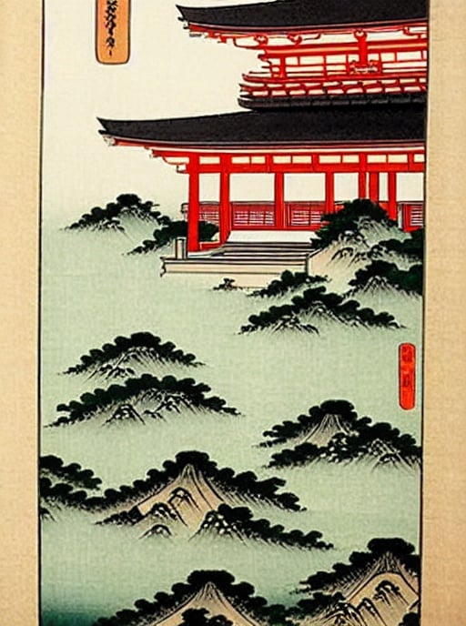 Prompt: Ukiyo-e painting of a beautiful Japanese temple in a peaceful garden.