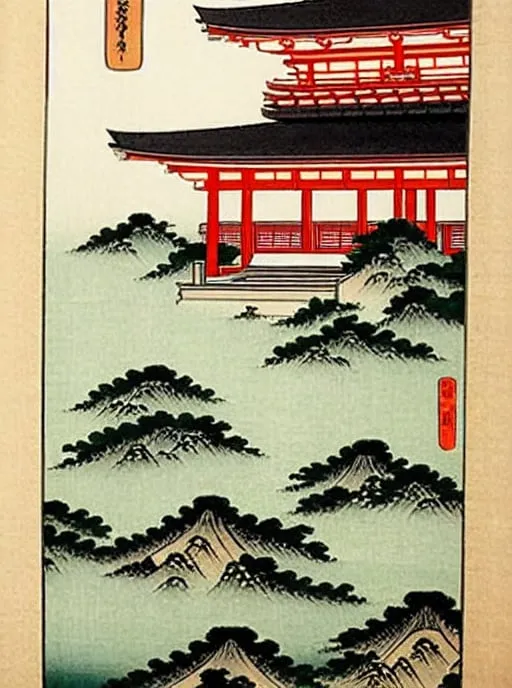 Prompt: Ukiyo-e painting of a beautiful Japanese temple in a peaceful garden.