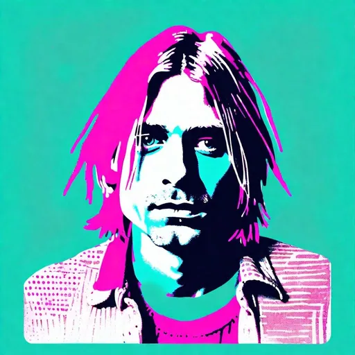 Prompt: Risograph punk Kurt cobain in cyan,magenta and white, hand drawn texture, simple,minimalist shapes flat colors.