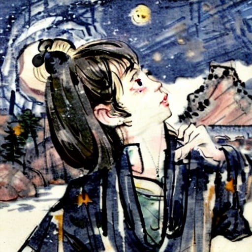 Prompt: Ukiyo-e painting of a young boy wistfully gazing up into the starry night sky and pondering the vastness of our universe.