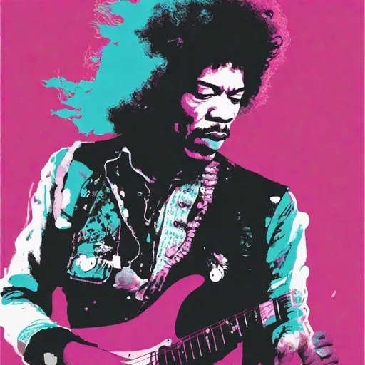 Prompt: Risograph punk jimi hendrix in cyan,magenta and white, hand drawn texture, simple,minimalist shapes flat colors.