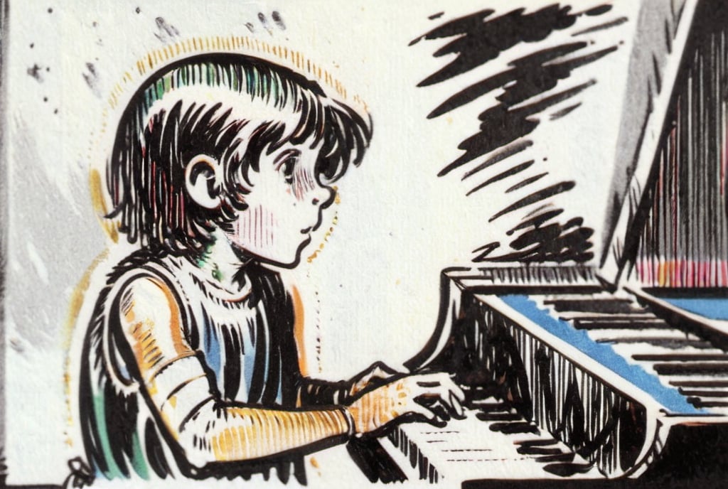 Prompt: Detailed charcoal pencil sketch of a young boy practicing piano while staring out the window and daydreaming.