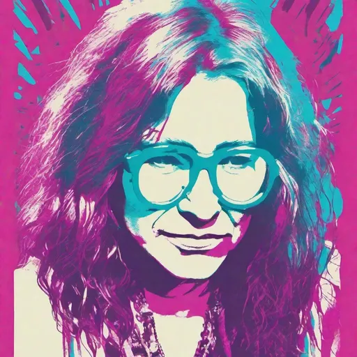 Prompt: Risograph punk janis joplin in cyan,magenta and white, hand drawn texture, simple,minimalist shapes flat colors.