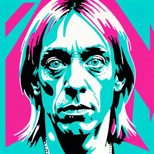 Prompt: Risograph punk Iggy Pop in cyan,magenta and white, hand drawn texture, simple,minimalist shapes flat colors.