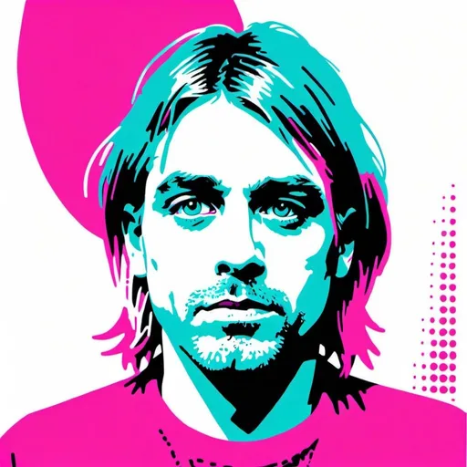 Prompt: Risograph punk Kurt cobain in cyan,magenta and white, hand drawn texture, simple,minimalist shapes flat colors.