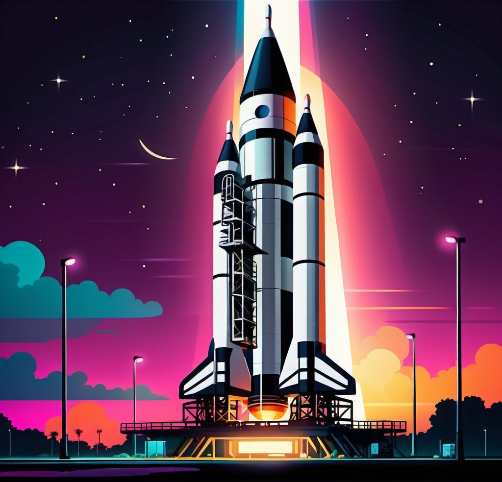 Prompt: Nighttime illustration of Saturn V rocket on launchpad illuminated by floodlights, colorful, neon realism style, layered, soft rounded forms, subtle gradients, bold patterns and and bright colors