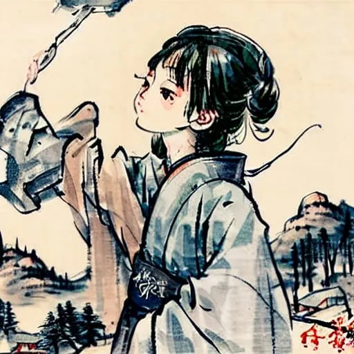 Prompt: Ukiyo-e painting of a young boy wistfully gazing up into the starry night sky and pondering the vastness of our universe.