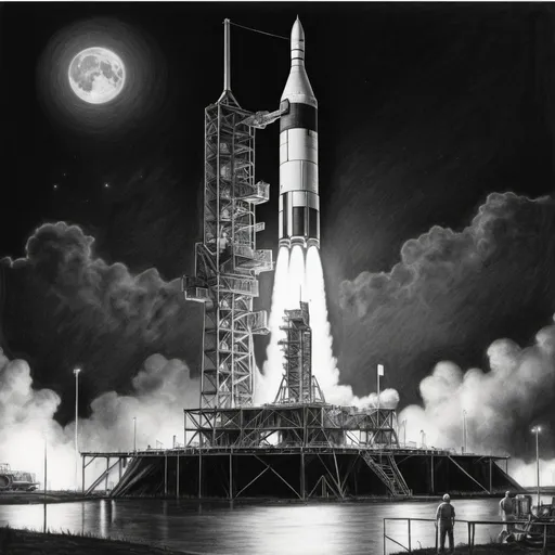 Prompt: Create a hand drawing photo of NASA Apollo 11 Saturn rocket on the launch pad at night illuminated by flood lights, pencil, black and white, detailed
