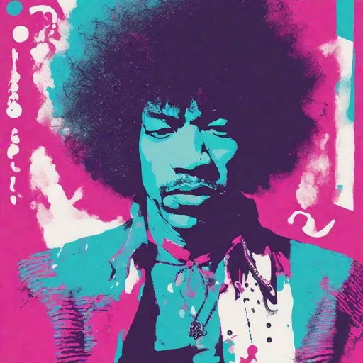 Prompt: Risograph punk jimi hendrix in cyan,magenta and white, hand drawn texture, simple,minimalist shapes flat colors.