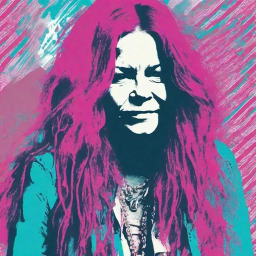 Prompt: Risograph punk janis joplin in cyan,magenta and white, hand drawn texture, simple,minimalist shapes flat colors.