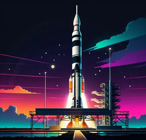Prompt: Nighttime illustration of Saturn V rocket on launchpad illuminated by floodlights, colorful, neon realism style, layered, soft rounded forms, subtle gradients, bold patterns and and bright colors