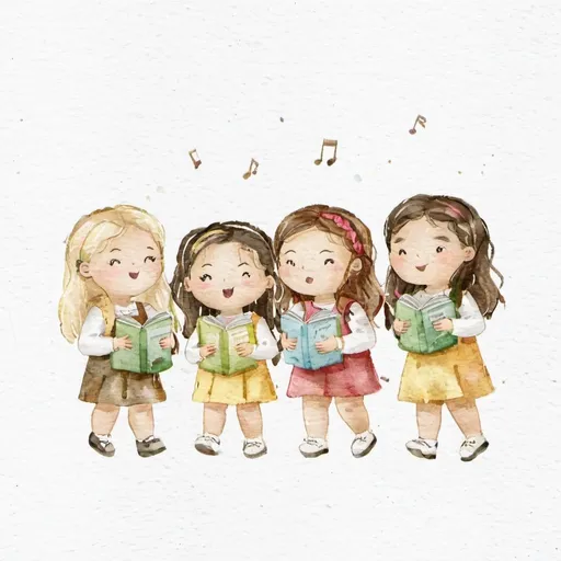 Prompt: Four happy kindergarten aged children standing next to each other while holding song books and singing as enthusiastically as they can 