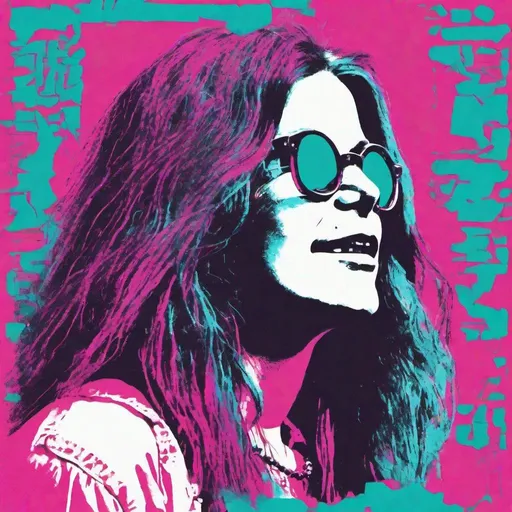 Prompt: Risograph punk janis joplin in cyan,magenta and white, hand drawn texture, simple,minimalist shapes flat colors.