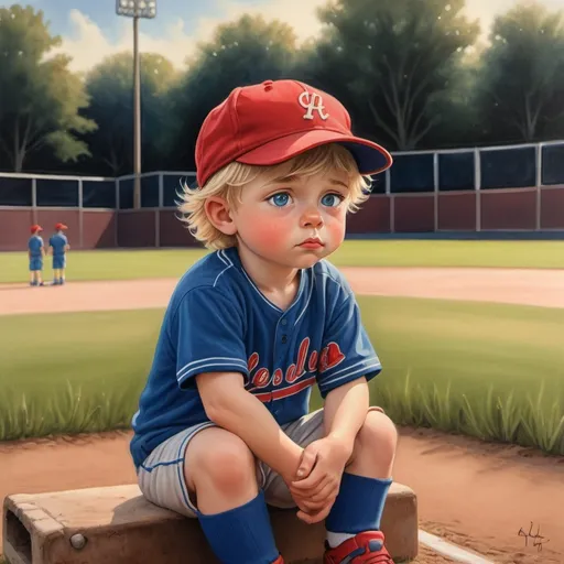 Prompt: Blonde haired little boy sitting on baseball field, sad, blue eyes, red and blue jersey, red and blue baseball cap, oil painting, detailed grass, emotional lighting, high quality, cartoon, nostalgic vibes, detailed eyes, traditional art, warm tones, natural lighting