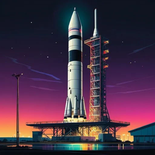 Prompt: Nighttime illustration of Saturn V rocket on launchpad illuminated by floodlights, colorful, neon realism style, layered, soft rounded forms, subtle gradients, bold patterns and and bright colors