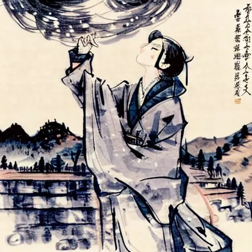 Prompt: Ukiyo-e painting of a young boy wistfully gazing up into the starry night sky and pondering the vastness of our universe.