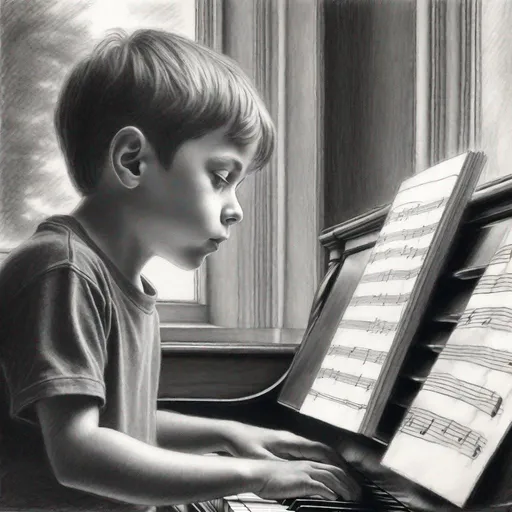 Prompt: Realistic black and grey charcoal pencil sketch portrait of a young boy practicing piano while staring out the window and daydreaming.