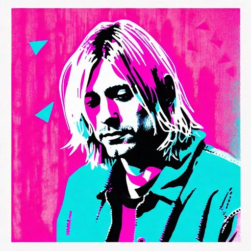 Prompt: Risograph punk Kurt cobain in cyan,magenta and white, hand drawn texture, simple,minimalist shapes flat colors.