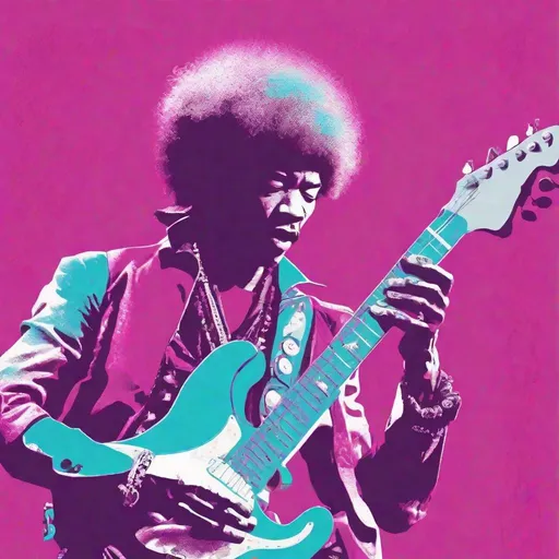 Prompt: Risograph punk jimi hendrix in cyan,magenta and white, hand drawn texture, simple,minimalist shapes flat colors.