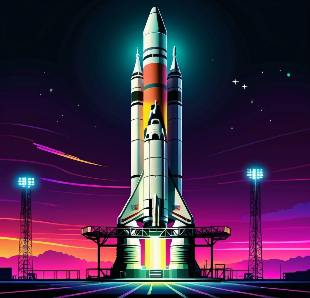 Prompt: Nighttime illustration of Saturn V rocket on launchpad illuminated by floodlights, colorful, neon realism style, layered, soft rounded forms, subtle gradients, bold patterns and and bright colors