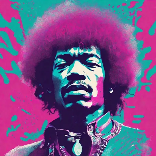 Prompt: Risograph punk jimi hendrix in cyan,magenta and white, hand drawn texture, simple,minimalist shapes flat colors.