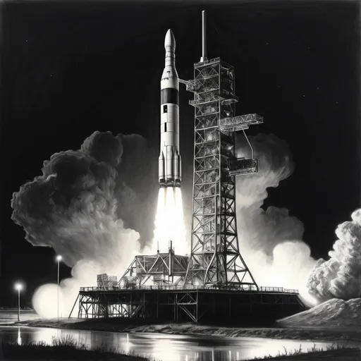 Prompt: Create a hand drawing photo of NASA Apollo 11 Saturn rocket on the launch pad at night illuminated by flood lights, pencil, black and white, detailed
