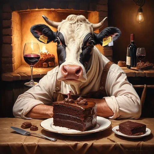 Prompt: Realistic oil painting of a cow baker sitting with a big piece of chocolate cake and wine, warm and cozy atmosphere, detailed facial features, high quality, realistic, warm tones, cozy lighting, rustic, detailed cake, wine glass, professional, atmospheric lighting