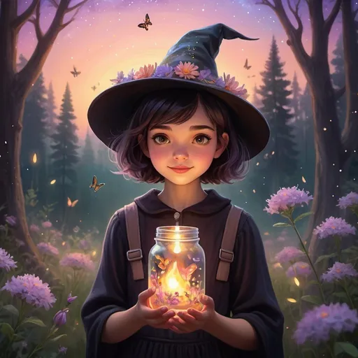 Prompt: Young witch with short hair in Disney style, holding a jar of fire flies in hand, wearing a witch hat, surrounded by a forest with blooming flowers and fireflies, under a sunset sky with galaxy, soft and sweet lighting, painted in pastel colors, high quality, Disney style, forest setting, sunset, galaxy, soft lighting, pastel colors, artistic painting, butterfly, blooming flowers, magical atmosphere