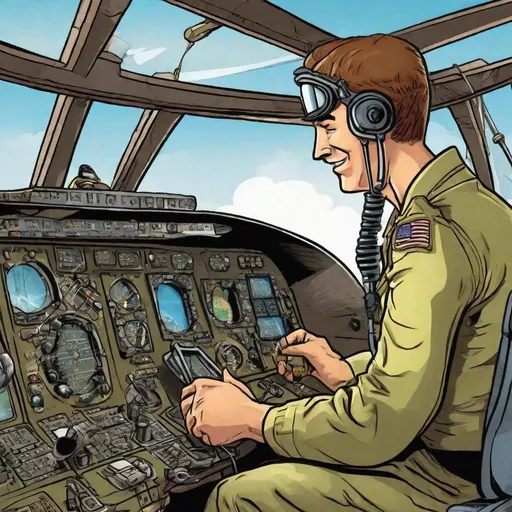 Prompt: Cartoon  of A pilot checking the avionics inside the cockpit of a plane which is about to takeoff