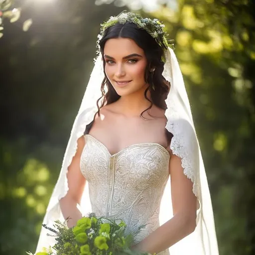 Prompt: " beautiful medieval bride, medium bronze complexion, long black hair, green eyes wearing a beautiful, medieval white wedding dress with flowers in her hair and smiling in a garden."

