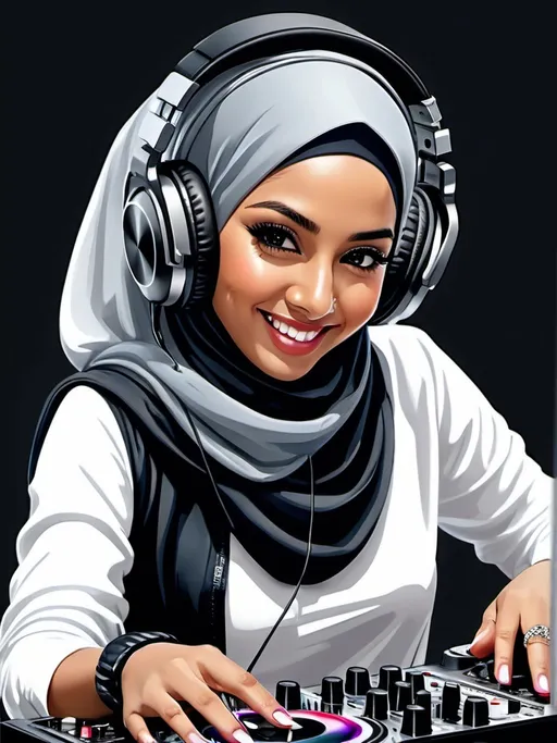 Prompt:  A captivating illustration of a DJ girl adorned in a hijab, portrayed in an intricately detailed, lifelike manner, a dj girl that wearing a headphone, plying the musicon dj controller, her face exuding love and beauty, and a captivating smile that reflects a royal charm, Artwork, highly detailed digital illustration, 