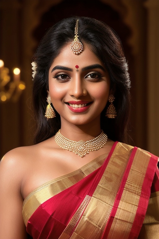 Prompt: long shot super detailed lifelike illustration, intricately detailed, dramatic lighting, large muscles, gorgeous detailed face, wearing saree, girl with traditional look, elegant. godess, beautiful, loving, pretty, royal looking beautiful smile,